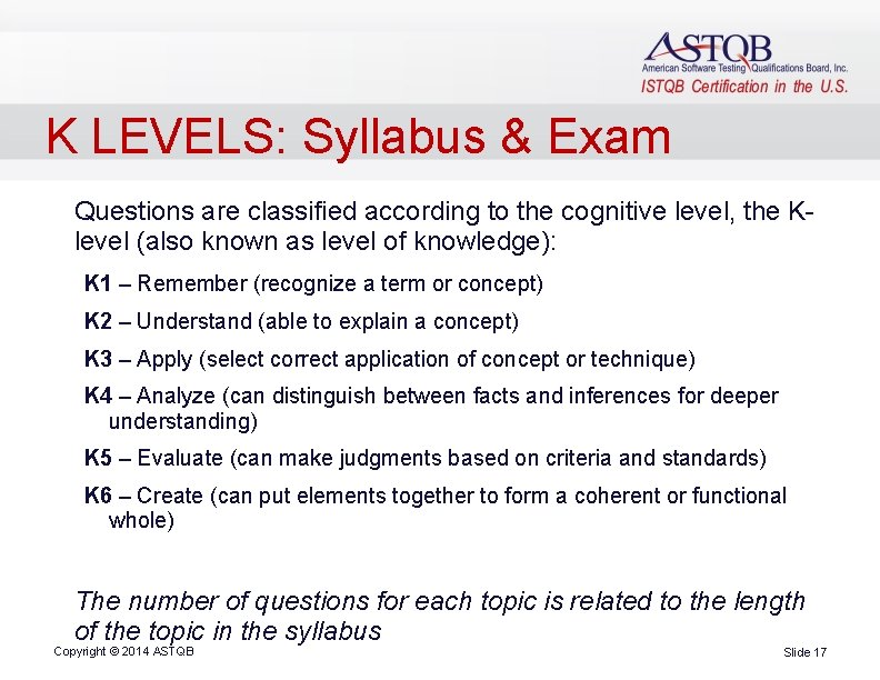 K LEVELS: Syllabus & Exam Questions are classified according to the cognitive level, the