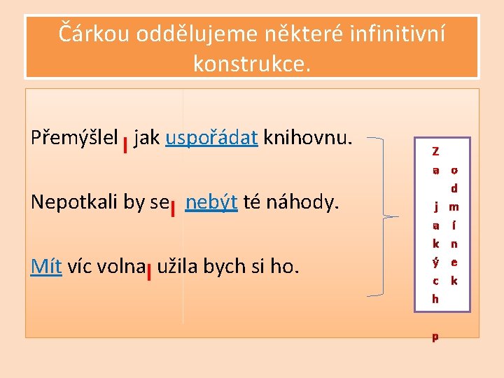 Čárkou oddělujeme některé infinitivní konstrukce. Přemýšlel jak uspořádat knihovnu. Nepotkali by se nebýt té