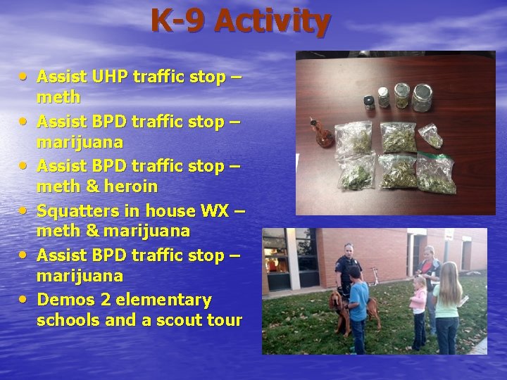 K-9 Activity • Assist UHP traffic stop – • • • meth Assist BPD