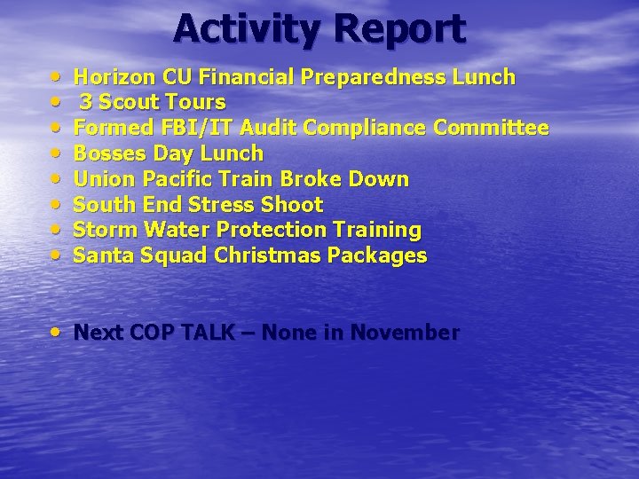 Activity Report • • Horizon CU Financial Preparedness Lunch 3 Scout Tours Formed FBI/IT