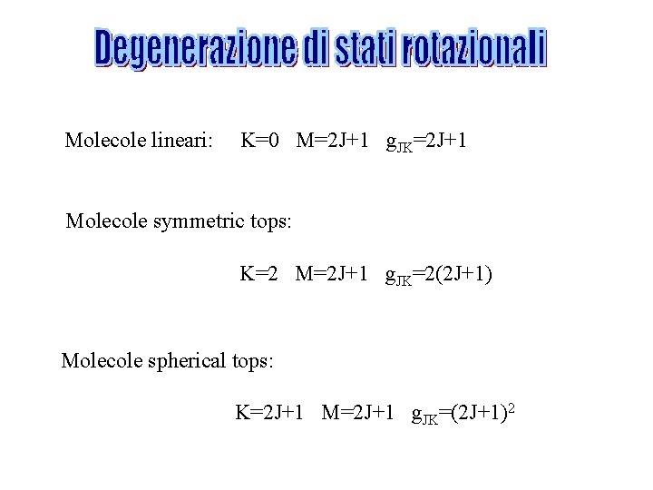 Molecole lineari: K=0 M=2 J+1 g. JK=2 J+1 Molecole symmetric tops: K=2 M=2 J+1