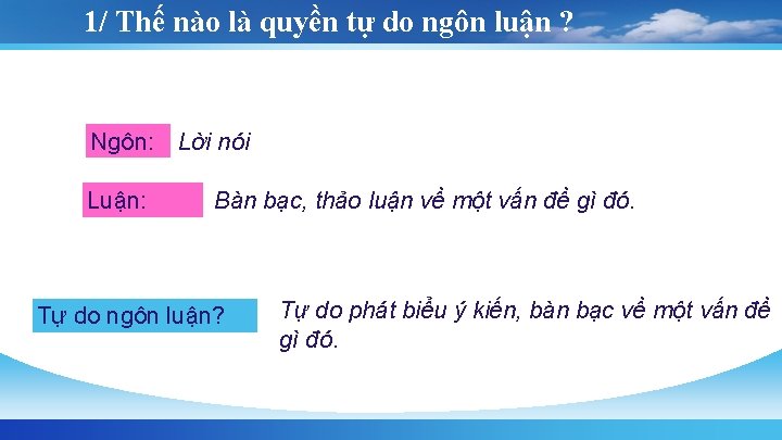 1/ Thế nào là quyền tự do ngôn luận ? Ngôn: Lời nói Luận: