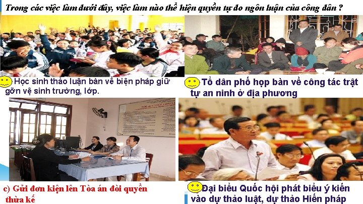 Trong các việc làm dưới đây, việc làm nào thể hiện quyền tự do