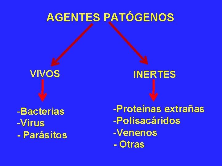 AGENTES PATÓGENOS VIVOS -Bacterias -Virus - Parásitos INERTES -Proteínas extrañas -Polisacáridos -Venenos - Otras