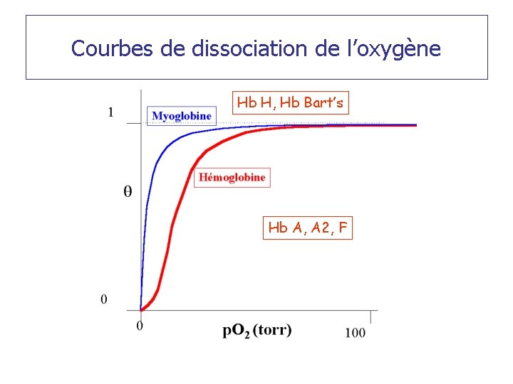 Courbes de dissociation de l’oxygène Hb H, Hb Bart’s Hb A, A 2, F