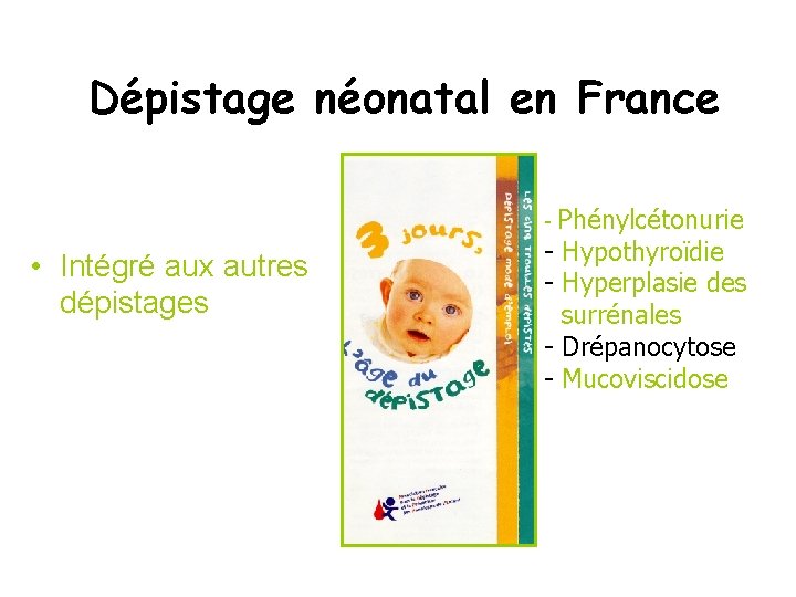  Dépistage néonatal en France Phénylcétonurie - Hypothyroïdie - Hyperplasie des surrénales - Drépanocytose