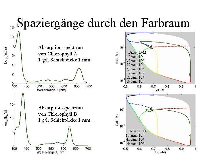 Spaziergänge durch den Farbraum Absorptionsspektrum von Chlorophyll A 1 g/l, Schichtdicke 1 mm Dicke