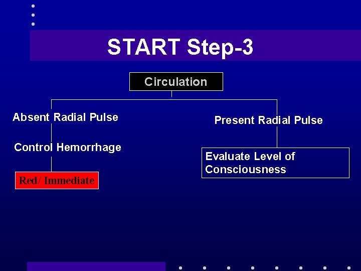 START Step-3 Circulation Absent Radial Pulse Control Hemorrhage Red/ Immediate Present Radial Pulse Evaluate