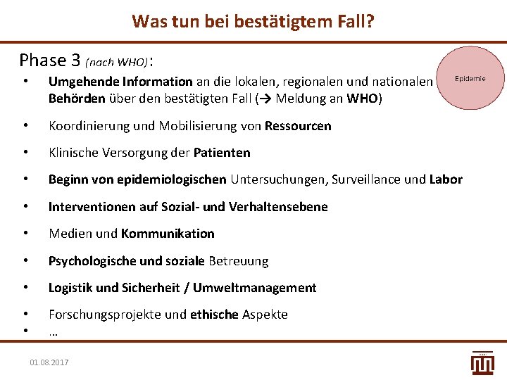 Was tun bei bestätigtem Fall? Phase 3 (nach WHO): • Umgehende Information an die