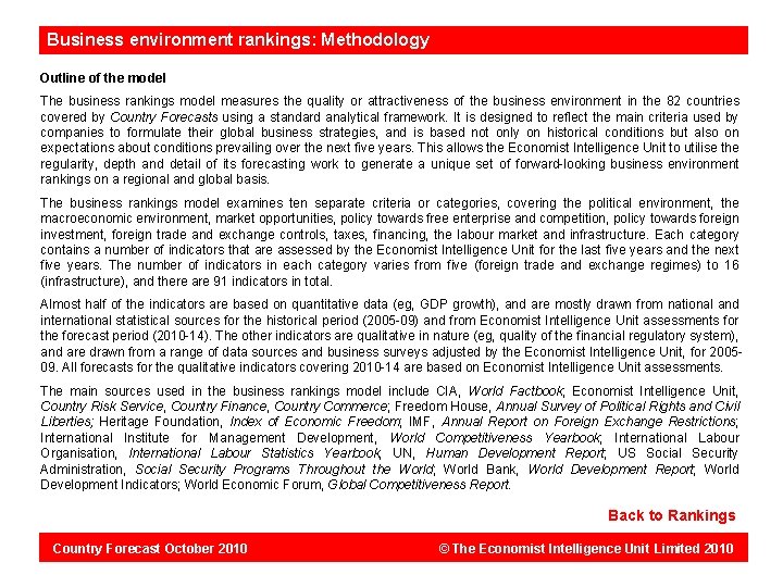 Dominicanenvironment Republic: rankings: Methodology Business Outline of the model The business rankings model measures
