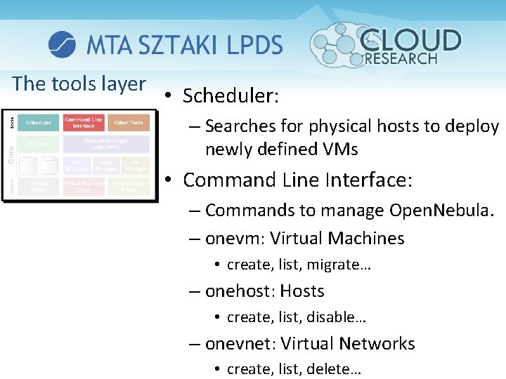 The tools layer • Scheduler: – Searches for physical hosts to deploy newly defined