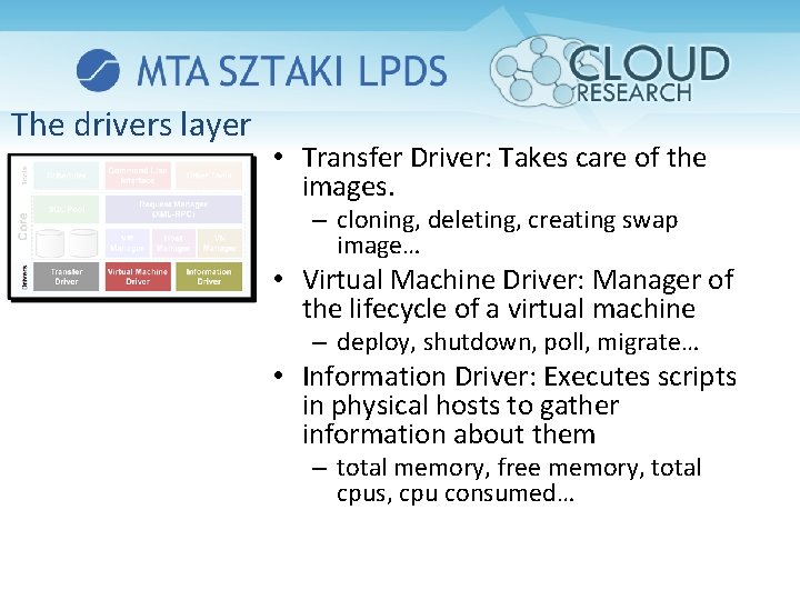 The drivers layer • Transfer Driver: Takes care of the images. – cloning, deleting,