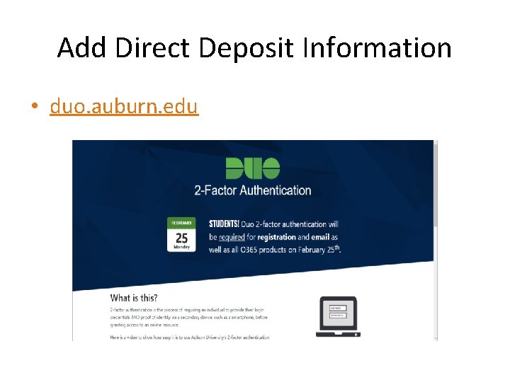 Add Direct Deposit Information • duo. auburn. edu 