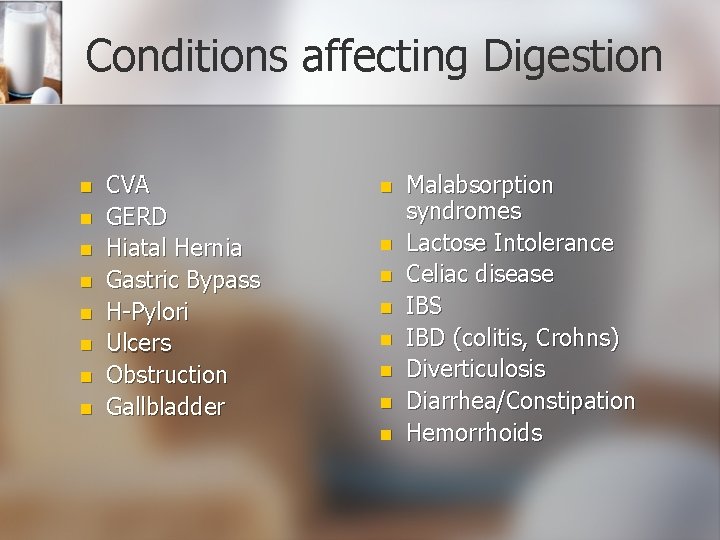 Conditions affecting Digestion n n n n CVA GERD Hiatal Hernia Gastric Bypass H-Pylori