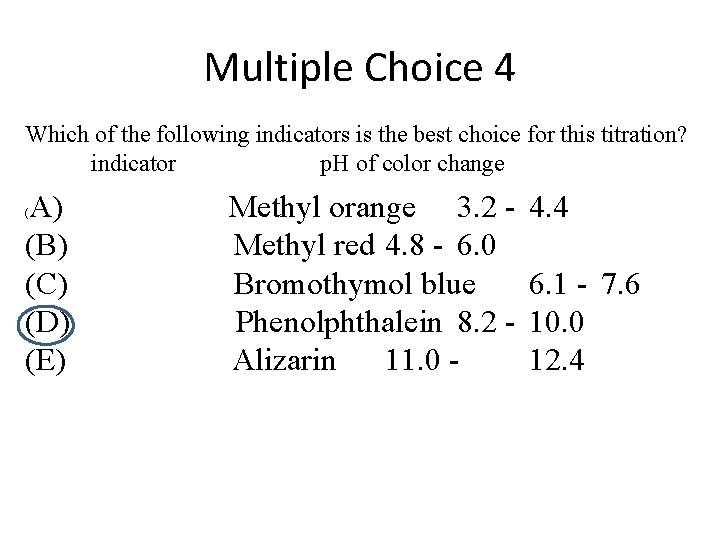 Multiple Choice 4 Which of the following indicators is the best choice for this