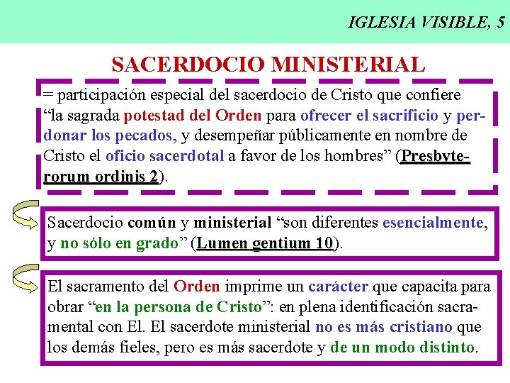 IGLESIA VISIBLE, 5 SACERDOCIO MINISTERIAL = participación especial del sacerdocio de Cristo que confiere