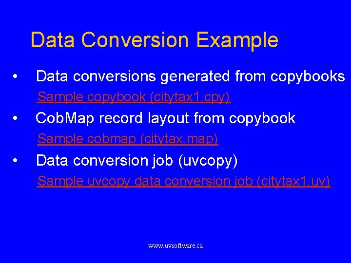 Data Conversion Example • Data conversions generated from copybooks Sample copybook (citytax 1. cpy)