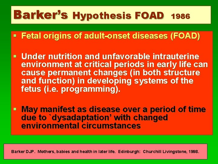 Barker’s Hypothesis FOAD 1986 § Fetal origins of adult-onset diseases (FOAD) § Under nutrition