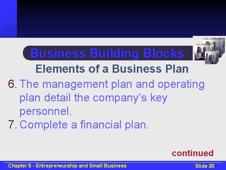 Business Building Blocks Elements of a Business Plan 6. The management plan and operating