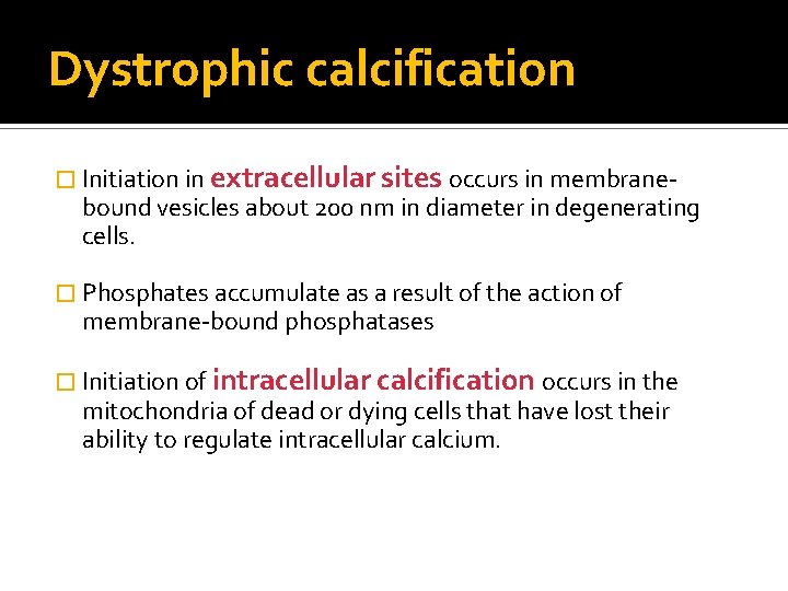 Dystrophic calcification � Initiation in extracellular sites occurs in membranebound vesicles about 200 nm