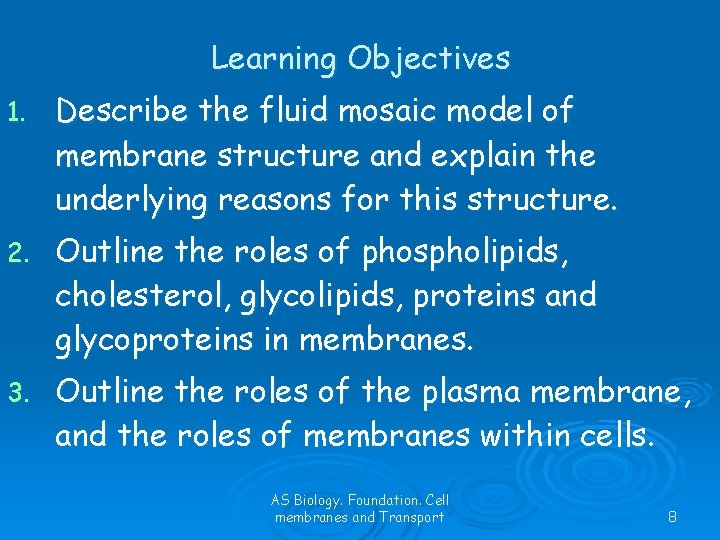 Learning Objectives 1. Describe the fluid mosaic model of membrane structure and explain the