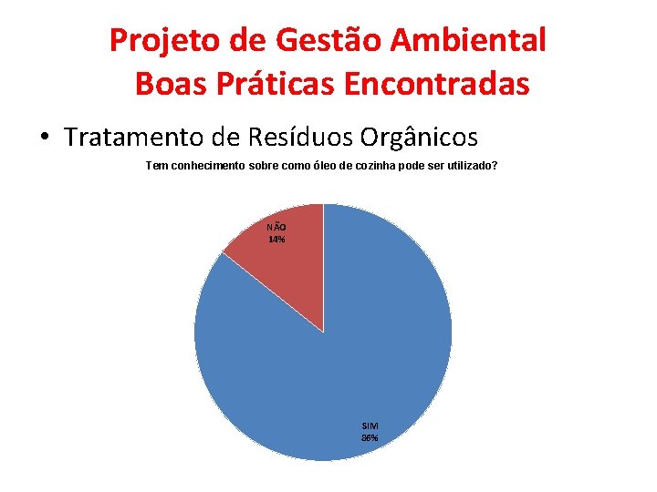 Projeto de Gestão Ambiental Boas Práticas Encontradas • Tratamento de Resíduos Orgânicos Tem conhecimento