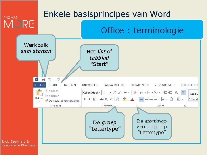 Enkele basisprincipes van Word Werkbalk snel starten Office : terminologie Het lint of tabblad