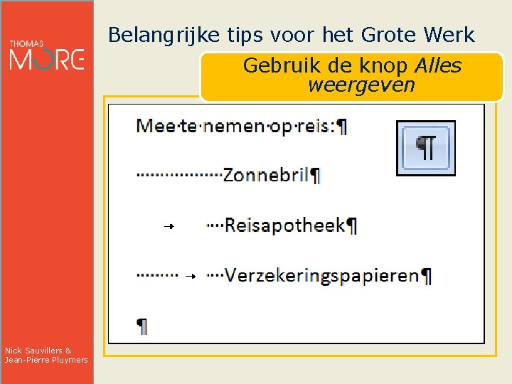 Belangrijke tips voor het Grote Werk • Nick Sauvillers & Jean-Pierre Pluymers Gebruik de