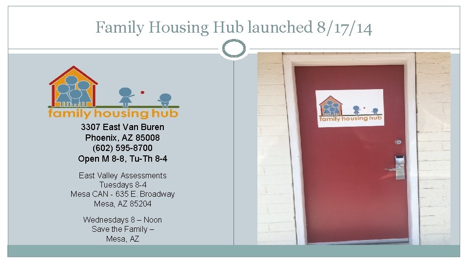 Family Housing Hub launched 8/17/14 3307 East Van Buren Phoenix, AZ 85008 (602) 595