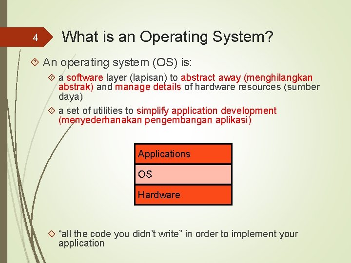 4 What is an Operating System? An operating system (OS) is: a software layer