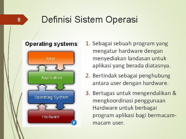 8 Definisi Sistem Operasi 1. Sebagai sebuah program yang mengatur hardware dengan menyediakan landasan