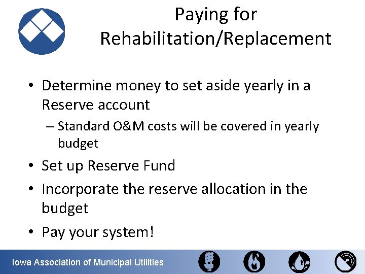 Paying for Rehabilitation/Replacement • Determine money to set aside yearly in a Reserve account
