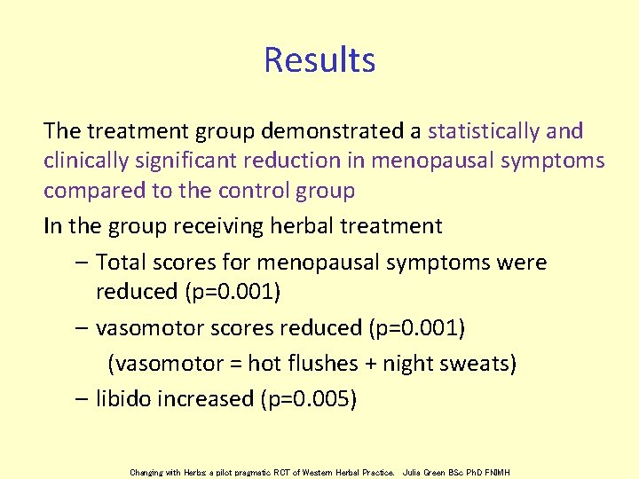 Results The treatment group demonstrated a statistically and clinically significant reduction in menopausal symptoms