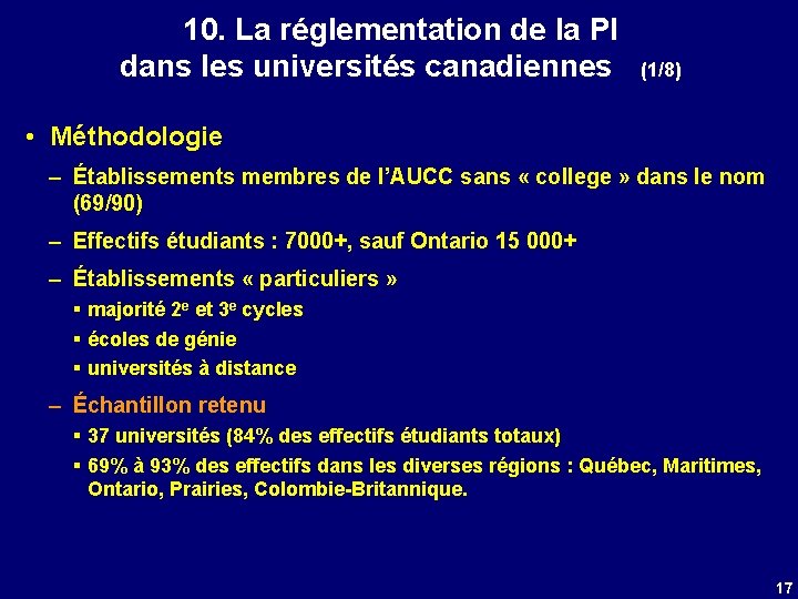 10. La réglementation de la PI dans les universités canadiennes (1/8) • Méthodologie –