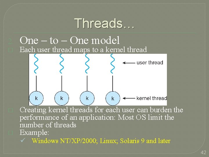 Threads… 2. One – to – One model � Each user thread maps to