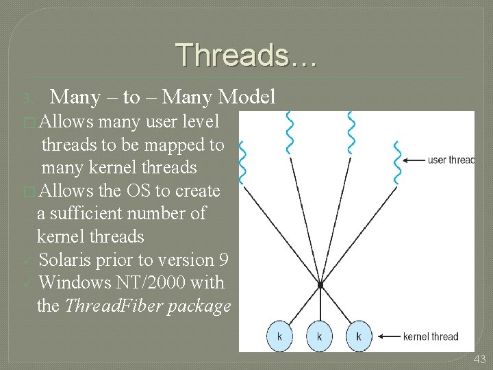 Threads… 3. Many – to – Many Model � Allows many user level threads