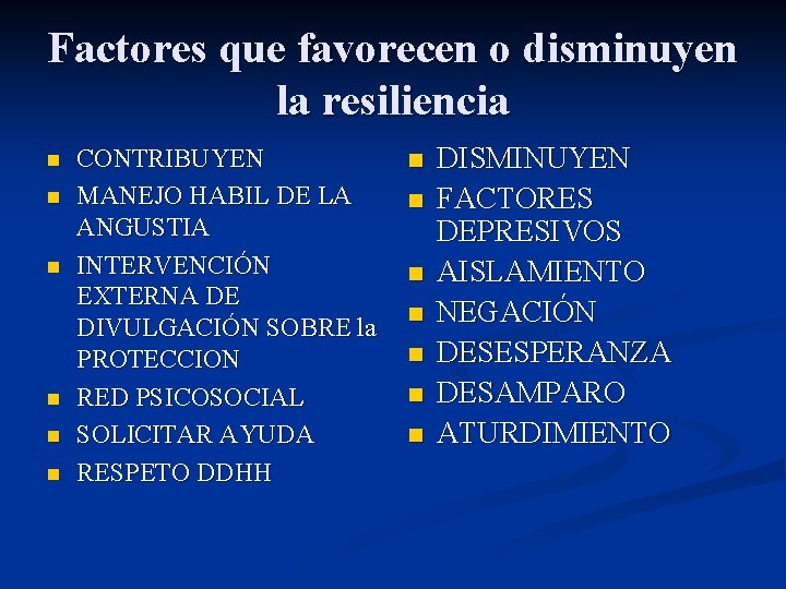 Factores que favorecen o disminuyen la resiliencia n n n CONTRIBUYEN MANEJO HABIL DE