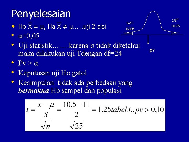 Penyelesaian 1/2α • Ho X = μ, Ha X ≠ μ……uji 2 sisi 0,