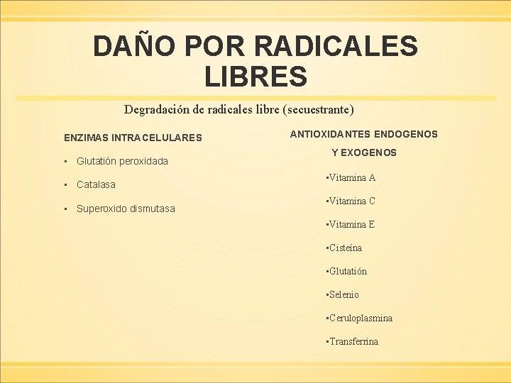 DAÑO POR RADICALES LIBRES Degradación de radicales libre (secuestrante) ENZIMAS INTRACELULARES ▪ Glutatión peroxidada