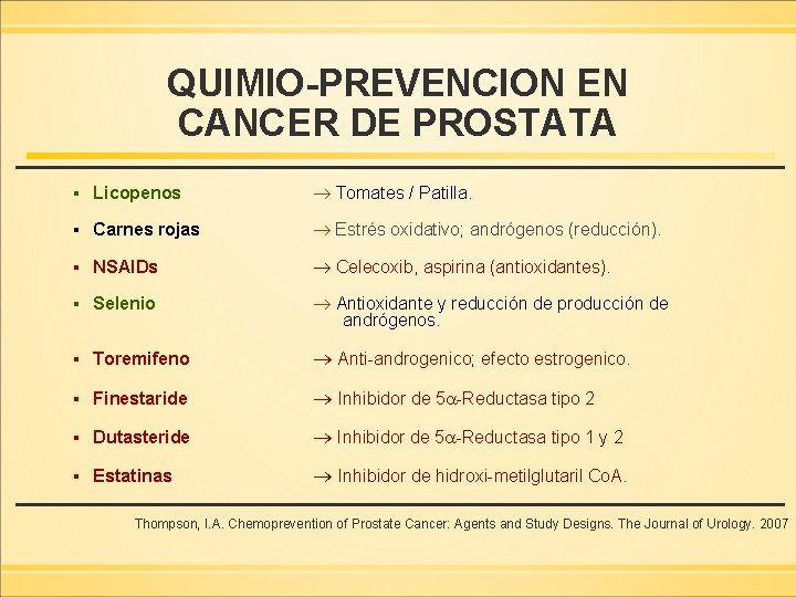 QUIMIO-PREVENCION EN CANCER DE PROSTATA ▪ Licopenos Tomates / Patilla. ▪ Carnes rojas Estrés