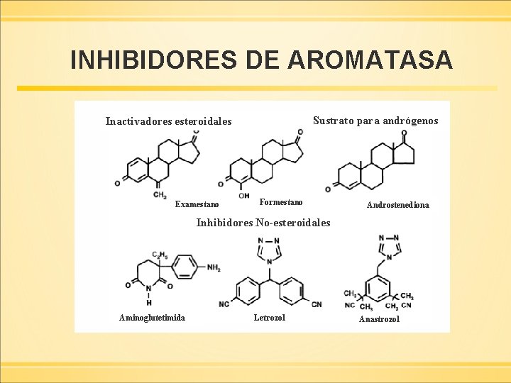 INHIBIDORES DE AROMATASA Sustrato para andrógenos Inactivadores esteroidales Examestano Formestano Androstenediona Inhibidores No-esteroidales Aminoglutetimida