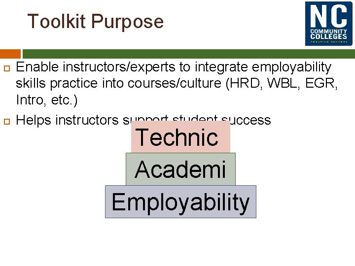 Toolkit Purpose Enable instructors/experts to integrate employability skills practice into courses/culture (HRD, WBL, EGR,