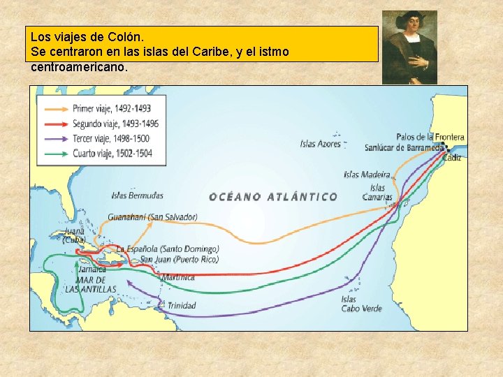 Los viajes de Colón. Se centraron en las islas del Caribe, y el istmo