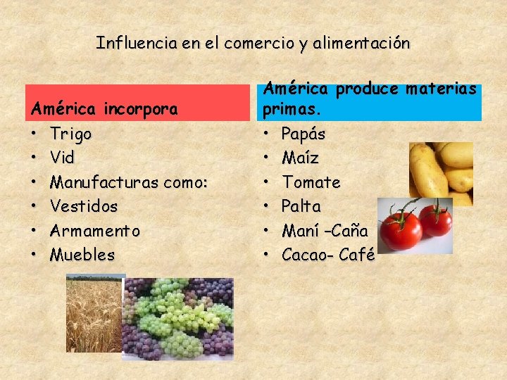 Influencia en el comercio y alimentación América incorpora • Trigo • Vid • Manufacturas
