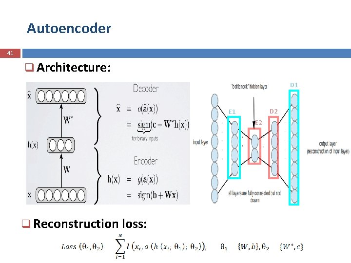 Autoencoder 41 q Architecture: D 1 D 2 E 1 E 2 q Reconstruction