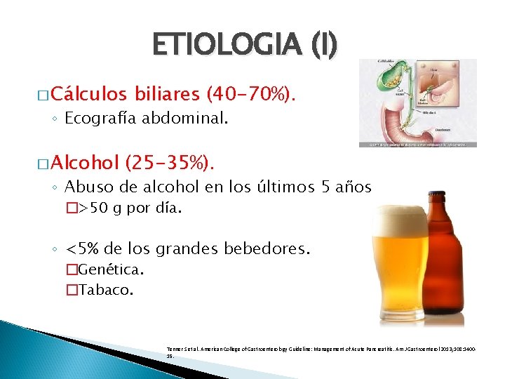 ETIOLOGIA (I) � Cálculos biliares (40 -70%). ◦ Ecografía abdominal. � Alcohol (25 -35%).