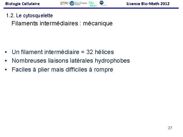 Biologie Cellulaire Licence Bio-Math 2012 1. 2. Le cytosquelette Filaments intermédiaires : mécanique •