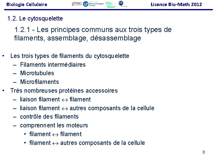 Biologie Cellulaire Licence Bio-Math 2012 1. 2. Le cytosquelette 1. 2. 1 - Les