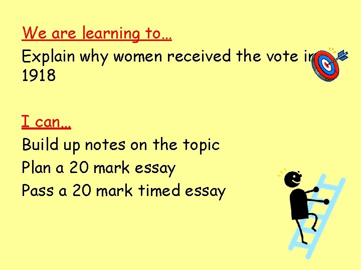 We are learning to… Explain why women received the vote in 1918 I can…