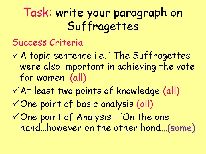 Task: write your paragraph on Suffragettes Success Criteria ü A topic sentence i. e.